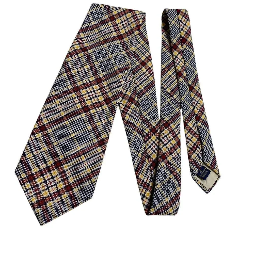 Vintage Gant Men's Tie Necktie Wide Wool Blend Plaid Red Blue Yellow 70's